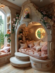 Floral Enchantment Pink Themed Bed in Fairy Tale Style Children's Room