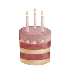 Pink watercolor cake. Birthday cake with candles.