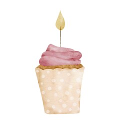 Watercolor cupcake with candle. Cupcake with pink cream. Birthday cupcake.