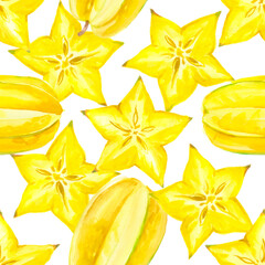 Star fruit pattern, watercolor illustration of tropical yellow carambola slices and whole pieces - 744224560