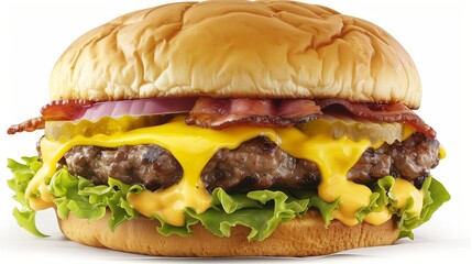 Present an image of a delectable burger sandwich with melting cheese, showcasing the mouthwatering...