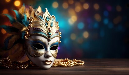 Generative AI A unique colorful carnival mask, photo blurry, natural light Mardi gras mask, Carnival mask decoration with soft focus light and bokeh background

 - obrazy, fototapety, plakaty