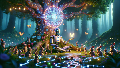 Whimsical robot in a glowing garden, surrounded by enchanted woodland creatures. - obrazy, fototapety, plakaty