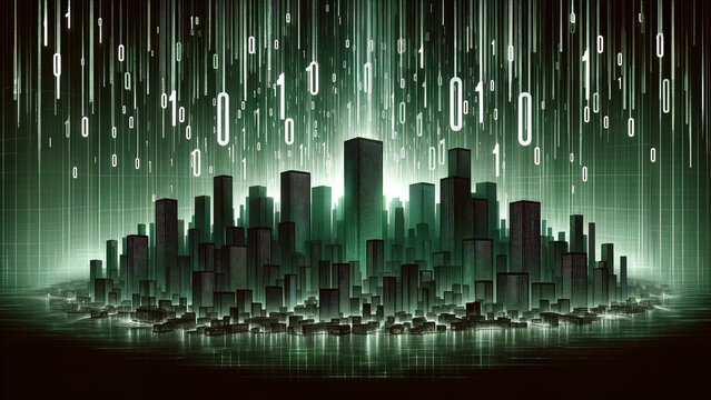 Digital Cityscape with Glowing Binary Code Rain