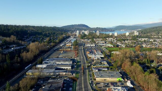 Aerial View Of British Columbia Highway 7A At Port Moody And Coquitlam Border In Canada.