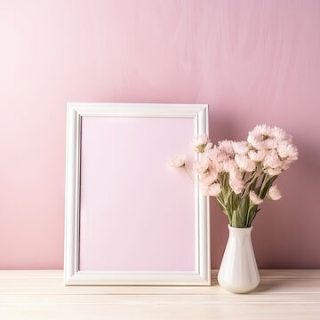 White empty blank photoframe with copy space for text or picture standing on table near vase with pink flowers on wall background. Mother's Day, Valentine's Day, birthday card, wedding invitation