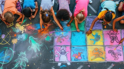 A happy group of children are engaging in leisurely sports and recreation by sitting on the ground, drawing with chalk. AIG41