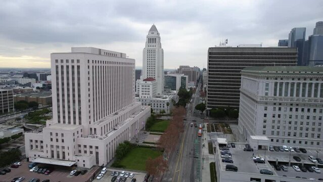 Drone Shot of Los Angeles City Hall, Spring Street Courthouse LA Superior Court, Hall of Justice and Downtown Traffic