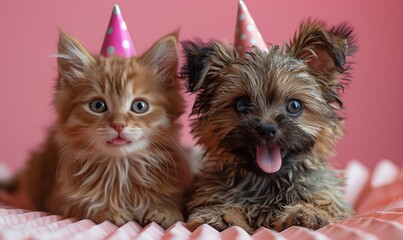 Two friends, a maltese puppy and a kitten on a birthday party