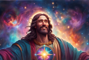 heilige Figur des Christentum Jesus lächelnd vor einem bunten Universum voller Licht leuchtend mit Sternen und Planeten, Ostern Erlöser Retter Religion Himmel gläubig Bibel Kirche Hoffnung Zuversicht - obrazy, fototapety, plakaty