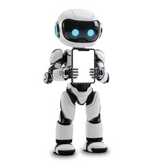 Cute small robot showing a digital mock up tablet isolated on transparent background