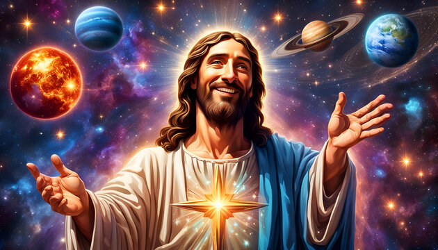 heilige Figur des Christentum Jesus l&auml;chelnd vor einem bunten Universum voller Licht leuchtend mit Sternen und Planeten, Ostern Erl&ouml;ser Retter Religion Himmel gl&auml;ubig Bibel Kirche Hoffnung Zuversicht