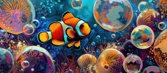 Illustration of red Anemone sea fish in the undersea landscape. AI generated image