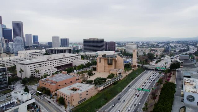 Los Angeles CA USA, Aerial View, Cathedral of Our Lady of the Angels and US-101 Highway Traffic, Drone Shot