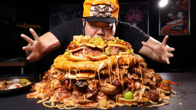 Asian man youtuber, streammer or influencer recording Mukbang content at studio setup table ready to eat lot of dripping fast food with meat, cheese and sauce. South Korea eating show broadcast.