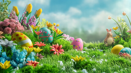 Obraz na płótnie Canvas Happy Easter. Egghunt on spring meadow full of colorful blossmoming flowers, easter bunnies and painted eggs.