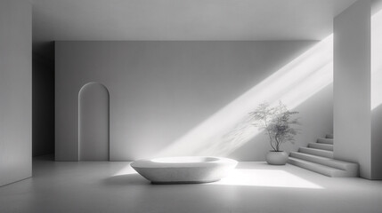 Sala de estar monocromática con luz natural"