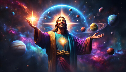 heilige Figur des Christentum Jesus lächelnd vor einem bunten Universum voller Licht leuchtend mit Sternen und Planeten, Ostern Erlöser Retter Religion Himmel gläubig Bibel Kirche Hoffnung Zuversicht - obrazy, fototapety, plakaty