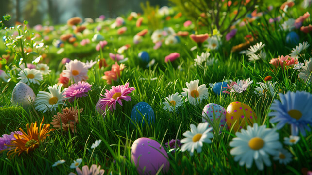 Happy Easter. Egghunt on spring meadow full of  colorful blossmoming flowers, easter bunnies and painted eggs.