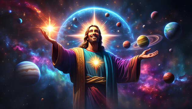 heilige Figur des Christentum Jesus lächelnd vor einem bunten Universum voller Licht leuchtend mit Sternen und Planeten, Ostern Erlöser Retter Religion Himmel gläubig Bibel Kirche Hoffnung Zuversicht