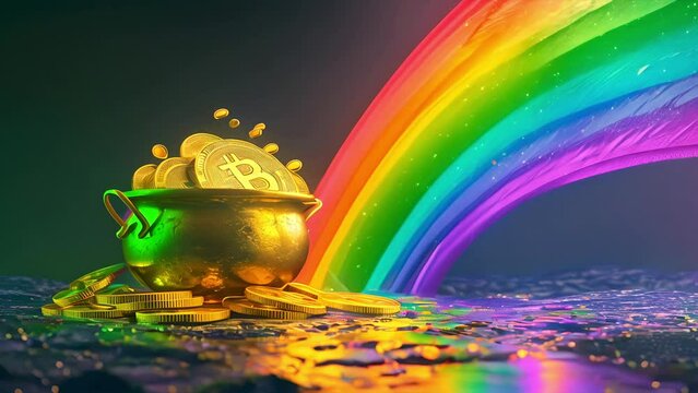 Saint Patrick's Day Bitcoin themed moving background of a pot of Bitcoins at the end of a rainbow