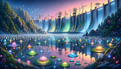 Surreal Hydroelectric Dam with Silver Vine Construction and Whimsical Water Lilies