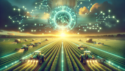 Futuristic smart farm with blockchain-powered machinery and holographic interface. - obrazy, fototapety, plakaty
