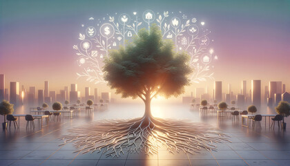 Serene equity crowdfunding illustration with tree, hands, and currency symbols.