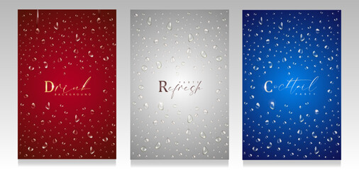 Set of covers with transparent drops. Red, white and blue vector background.
