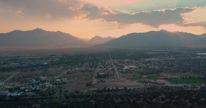 Drone shot of the Sawatch Mountain range at sunset in Buena Vista, Colorado
