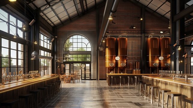 Rustic brewery interior with copper tanks, wooden barrels, and a cozy bar area