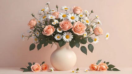 Elegantly arranged floral bouquets in vases, each presenting a harmonious blend of soft pastel-colored roses and daisies. The roses vary from peach to soft pink hues, symbolizing gra