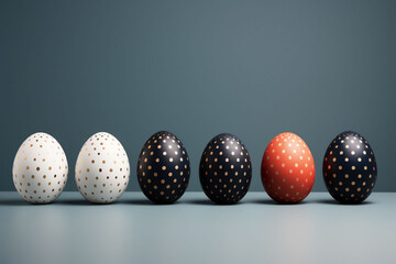 A row of funny dotted Easter eggs from white to orange presents a playful yet orderly aesthetic on a blue grey background. Great for dynamic seasonal advertising and fun, family oriented content