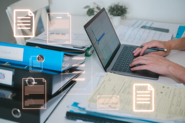 Executive Efficiency Businessman at Work with Documents data management, files and data management,...