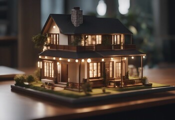 A concept holo 3d render model of a small living house on a table in a real estate agency House architecture