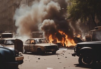 A documentary photo of revolutionary riots and protests burning building and cars in the city Apocalyptic scenes 