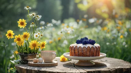 Fotobehang Easter cake and a cup of tea standing on a rustic table in the garden © XXXX