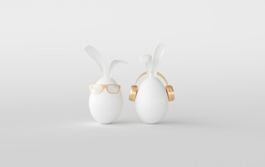 White Easter egg with rabbit ears, glasses on white background. Happy Easter big hunt or sale banner, mockup template. April holiday - Easter. 3d render