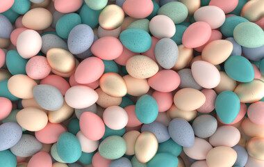 Colorful pastel and gold speckled easter eggs background. 3d render. Happy Easter eggs big hunt or sale banner