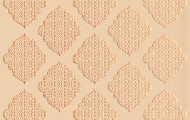 Arabic beige geometric window and pattern, muslim holiday Eid al Adha ornament background. Ramadan arabesque 3d render