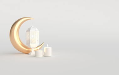 Golden lantern and crescent moon, candles on white background for muslim holiday Ramadan Kareem. Traditional religious islamic symbol