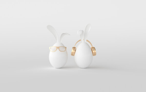 White Easter egg with rabbit ears, glasses on white background. Happy Easter big hunt or sale banner, mockup template. April holiday - Easter. 3d render