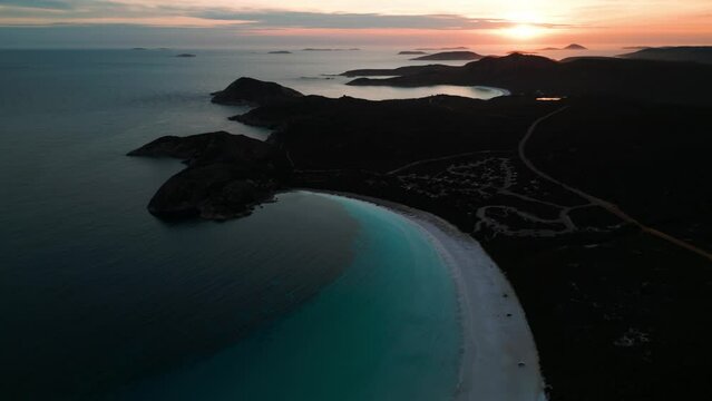panoramic aerial shot at sunset over Lucky Bay in Cape Legrand National Park, Western Australia
