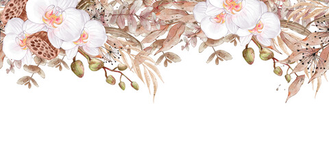 Watercolor floral border with white orchids. Hand drawn illustration in boho style. Floral wedding background.