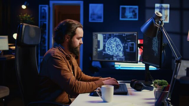 Developer updating artificial intelligence neural networks, typing on computer keyboard in neon lit personal office. Freelancing IT specialist writing AI code, training machine learning, camera B