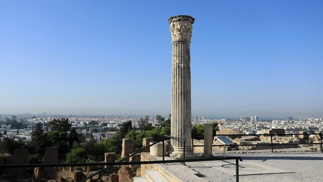 Ancient Roman column stands tall over Carthage ruins with Tunis in background, clear sky