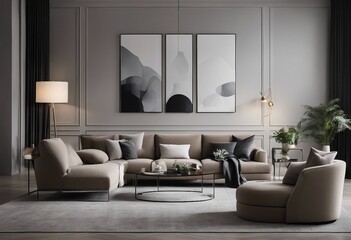 Luxury living room with gray wall and lounge furniture - taupe chairs Three abstract vertical artworks on a wall
