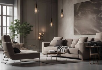 Luxury living room with gray wall and lounge furniture - taupe chairs and big abstract artwork on wall