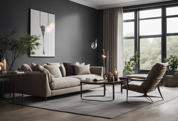 Luxury living room with gray wall and lounge furniture - taupe chairs Big artwork on a wall above bed