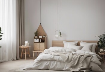 Modern scandinavian and Japandi style bedroom interior design with bed white color Wooden table and space for artwork on wall